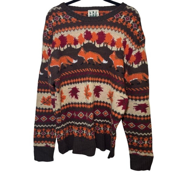 Kiel James Patrick Fox & Foliage Cozy Cabin Unisex Sweater Orange Brown XL - Picture 4 of 7